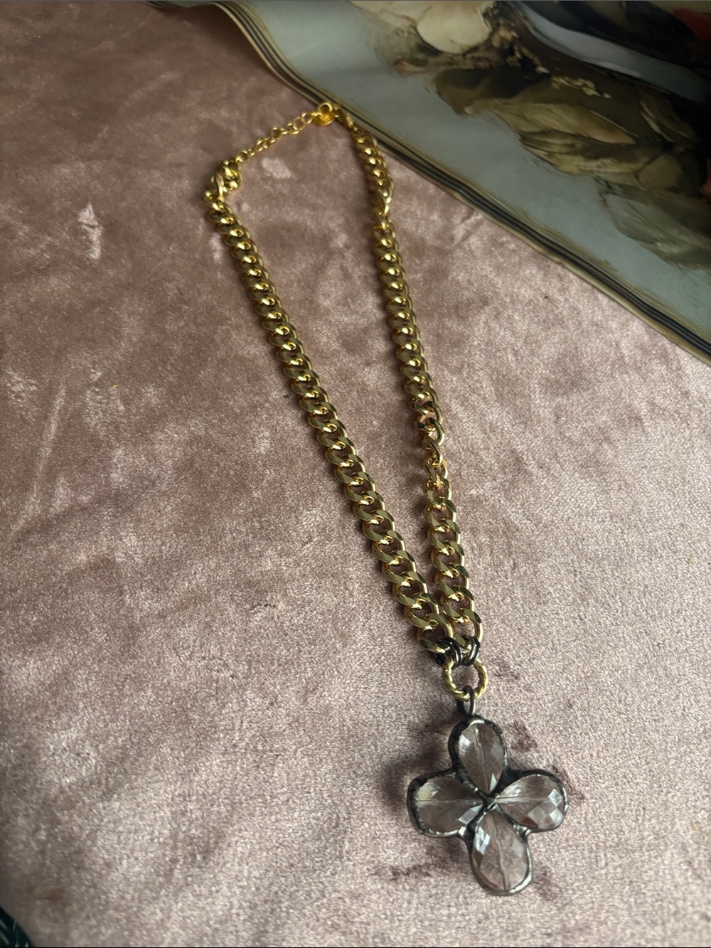Gold Chain Necklace with Clear Crystal Clover Pendant by